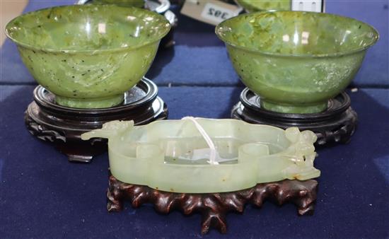 A Chinese bowenite jade brushwasher and a pair of hardstone bowls